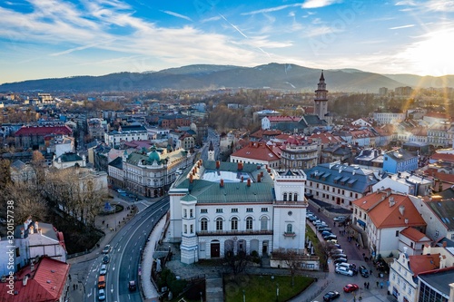 Obraz na płótnie Aerial drone view on Bielsko-Biala. Bielsko-Biala is a city in southern Poland. w salonie