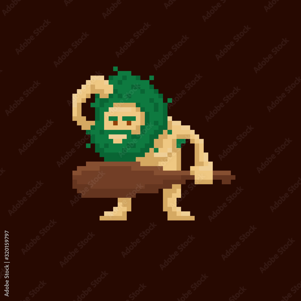 Pixel art primitive ancient cave man holding a club. Vector illustration character. Game asset 8-bit sprite Pixel art primitive ancient cave man holding a club. Vector illustration character. Game asset 8-bit sprite