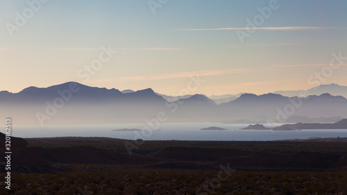 A hazy sunrise over the Lake Mead National Recreation Area in Boulder City, Nevada