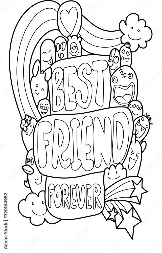 Best Friends Funny Cartoon Doodle Set.Happy Friendship Day. Vector Hand Drawn Color Illustration Pattern.