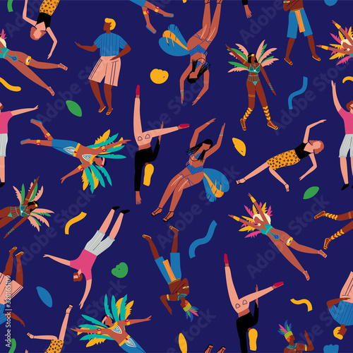 Seamless pattern with dancing people in carnival costumes. Abstract memphis background. Concept of festival, party.Design element for banner, poster, card.Flat vector illustration