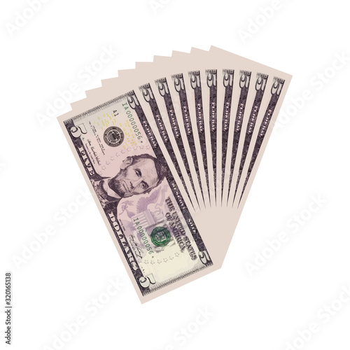 Fan of 5 dollars banknotes. Money currency, finance pay salary vector illustration	