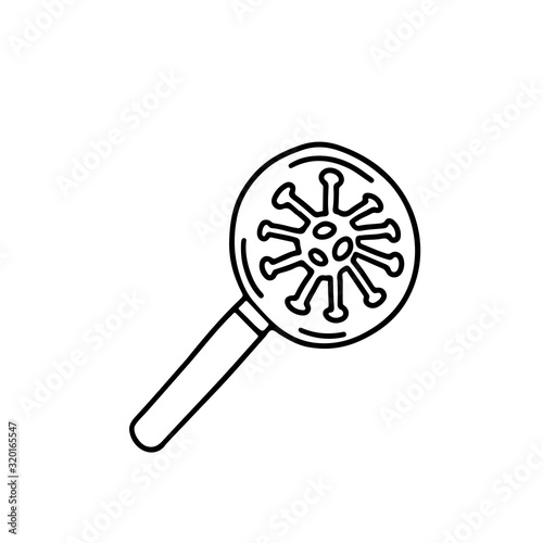 Hand drawn doodle Coronavirus in China  and magnifying glass searching for virus isolated white background. Global epidemic of 2019-nCov coronavirus