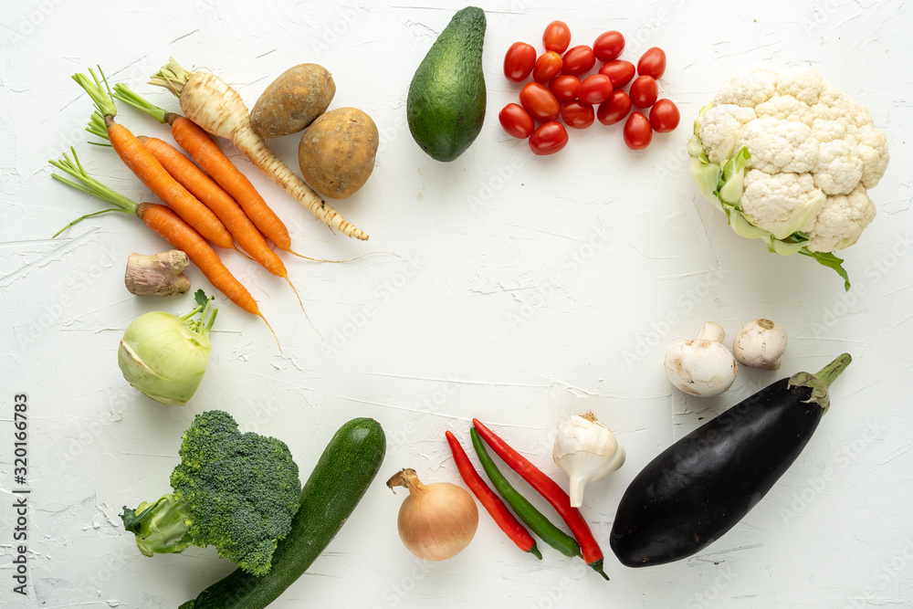 space for text various fresh organic vegetable table white board