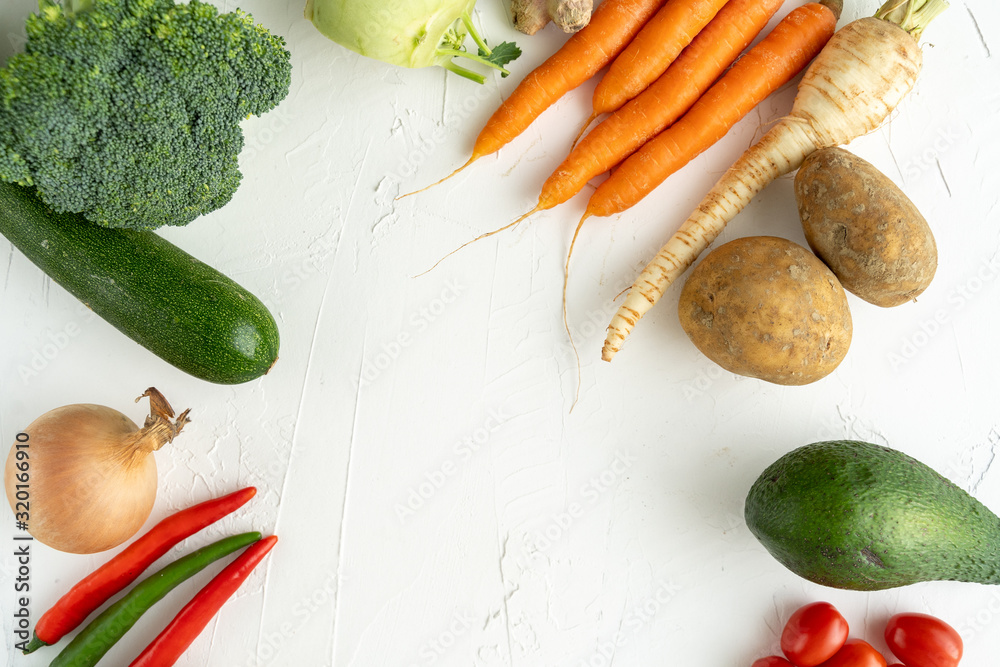 space for text various fresh organic vegetable table white board
