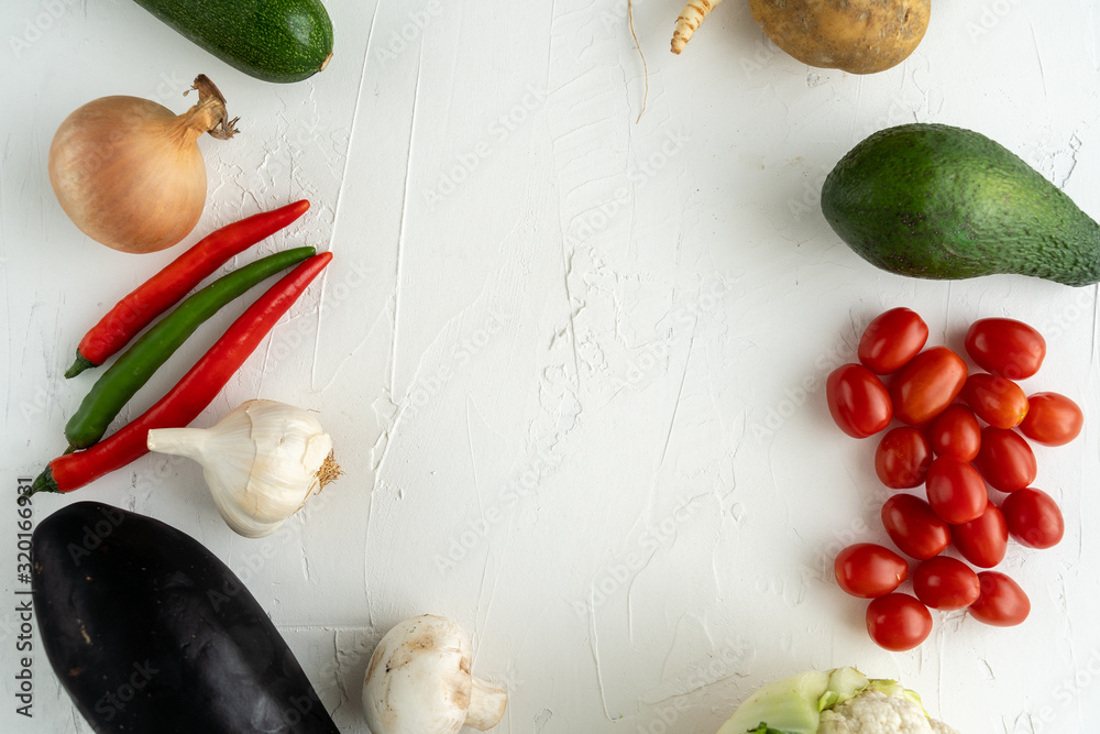 space for text various fresh organic vegetable table white board