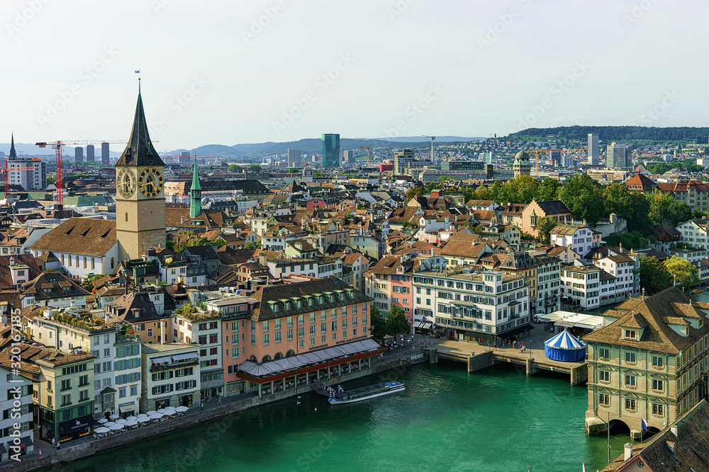Zurich, Switzerland - September 2, 2016: St Peter Church at Limmatquai in the city center of Zurich, Switzerland.