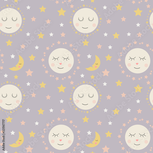 Seamless pattern of cute sleepy moons and stars on a soft lavender background