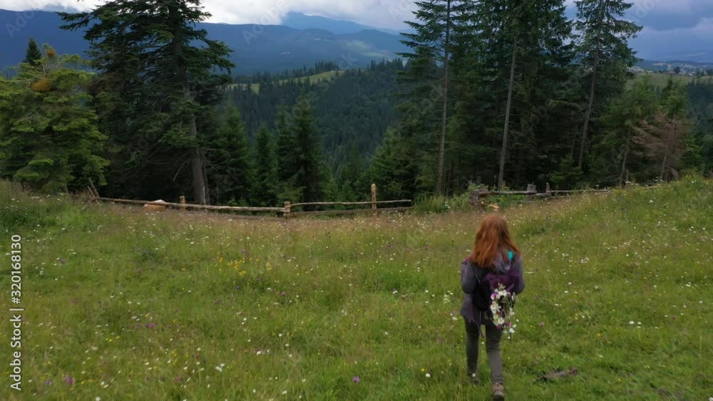 girl hiker walking by the path at the mountains girl hiker walking by the path at the mountains