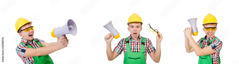 Funny construction worker with loudspeaker on white Funny construction worker with loudspeaker on white