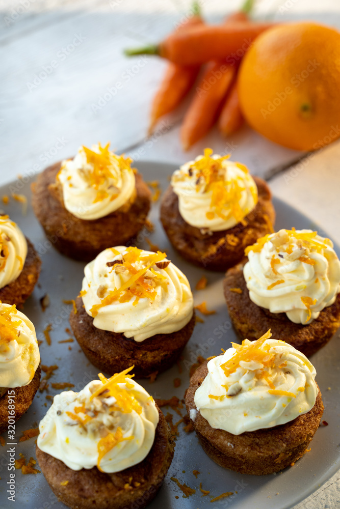 carrot cake cupcake bite size dessert snack homemade baked dessert cream orange peel decoration board composition cafe bistro