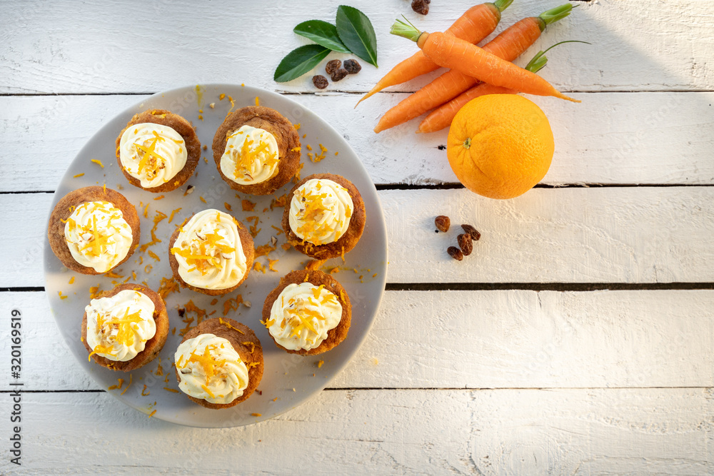 carrot cake cupcake bite size dessert snack homemade baked dessert cream orange peel decoration board composition cafe bistro