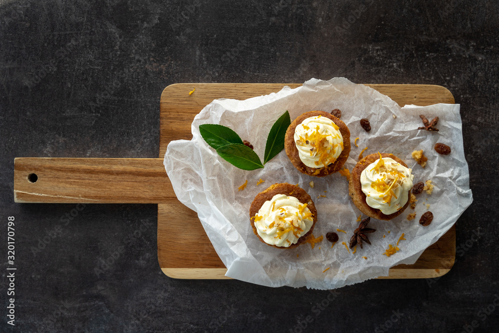 carrot cake cupcake bite size dessert snack homemade baked dessert cream orange peel decoration board composition cafe bistro