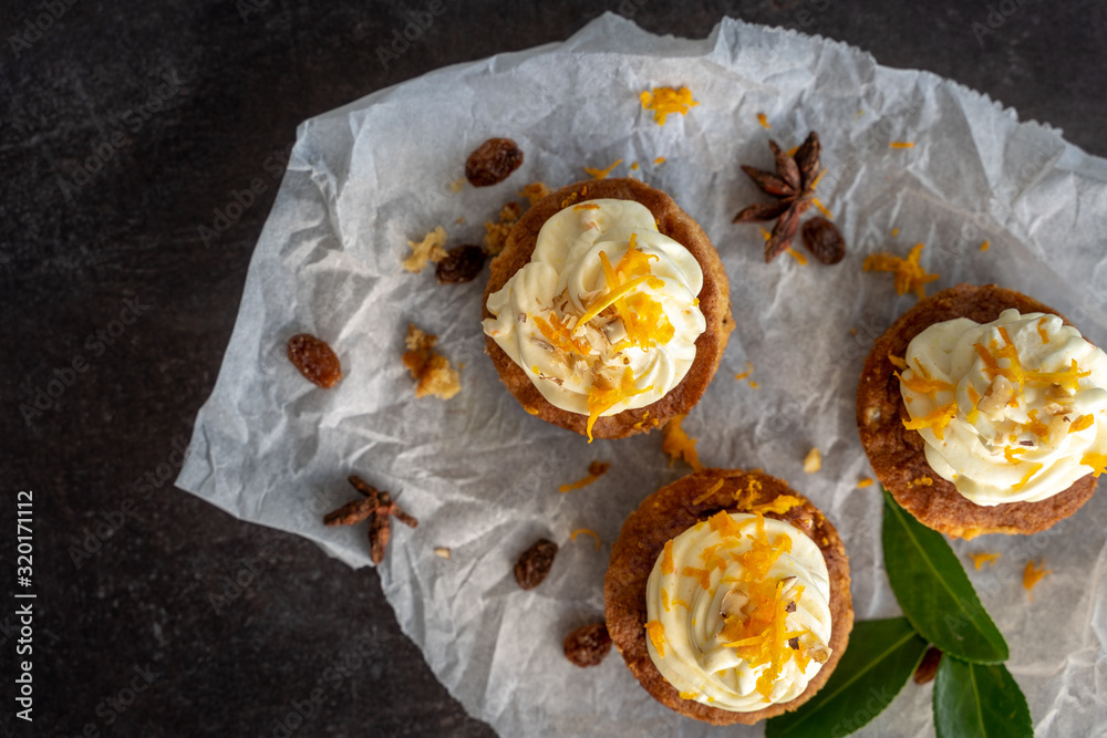 carrot cake cupcake bite size dessert snack homemade baked dessert cream orange peel decoration board composition cafe bistro