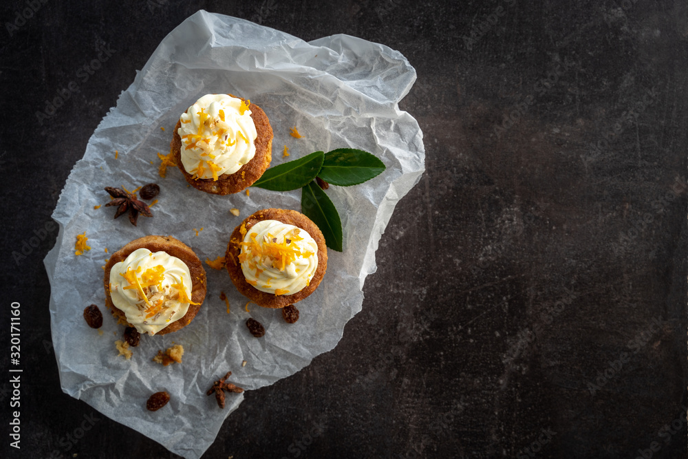 carrot cake cupcake bite size dessert snack homemade baked dessert cream orange peel decoration board composition cafe bistro