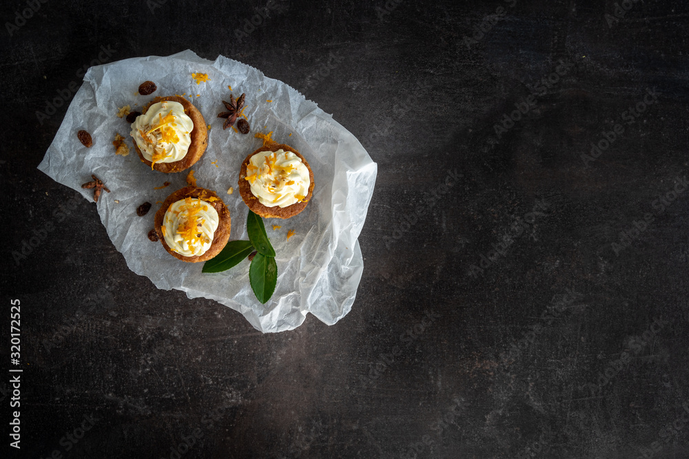 carrot cake cupcake bite size dessert snack homemade baked dessert cream orange peel decoration board composition cafe bistro
