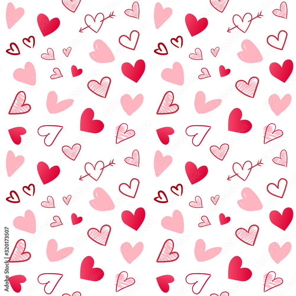 Vector pattern with pink and red hearts on a white background