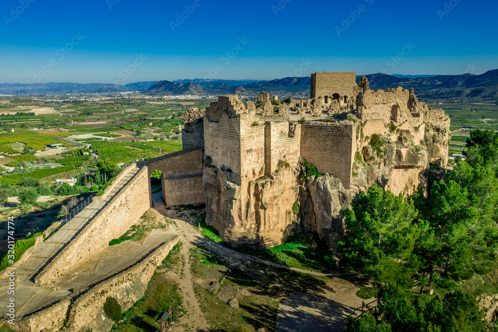Aerial view of historic Montesa castle, Gothic castle ruin in Valencia province Spain