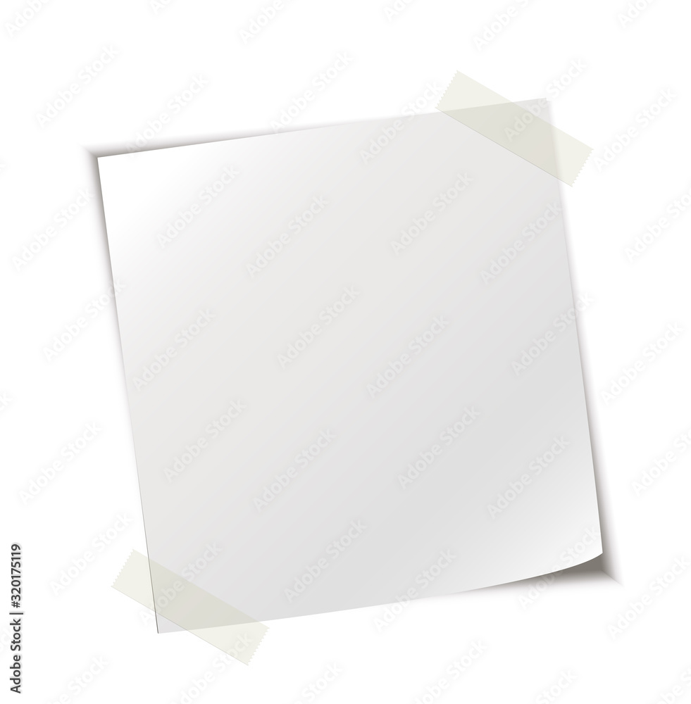 Notiz Blatt mit Klebeband befestigt, Vektor Illustration isoliert auf weißem Hintergrund Notiz Blatt mit Klebeband befestigt, Vektor Illustration isoliert auf weißem Hintergrund