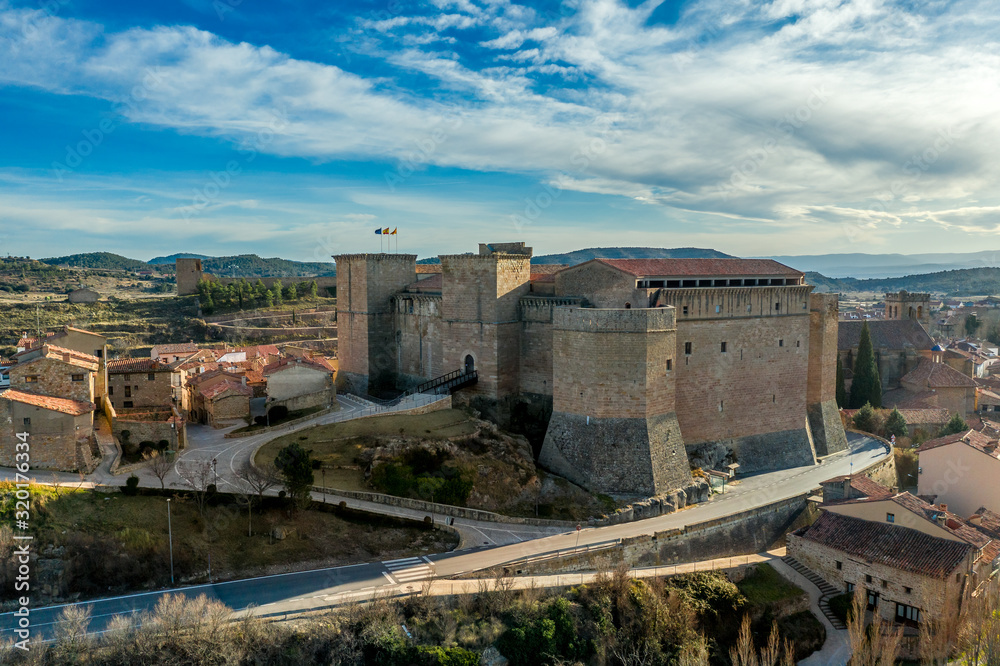 Aerial view of Mora de Rubielos town with medieval Gothic castle and city walls in Teruel Spain