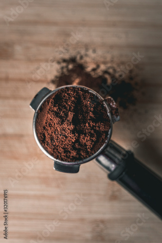 Top down photograph of fresh coffee grounded beans