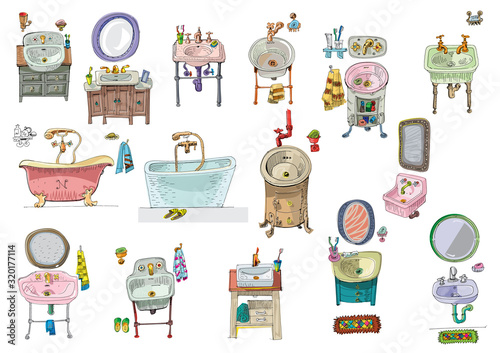A big set of vintage sanitary wash basins, baths . Cartoon. Caricature.