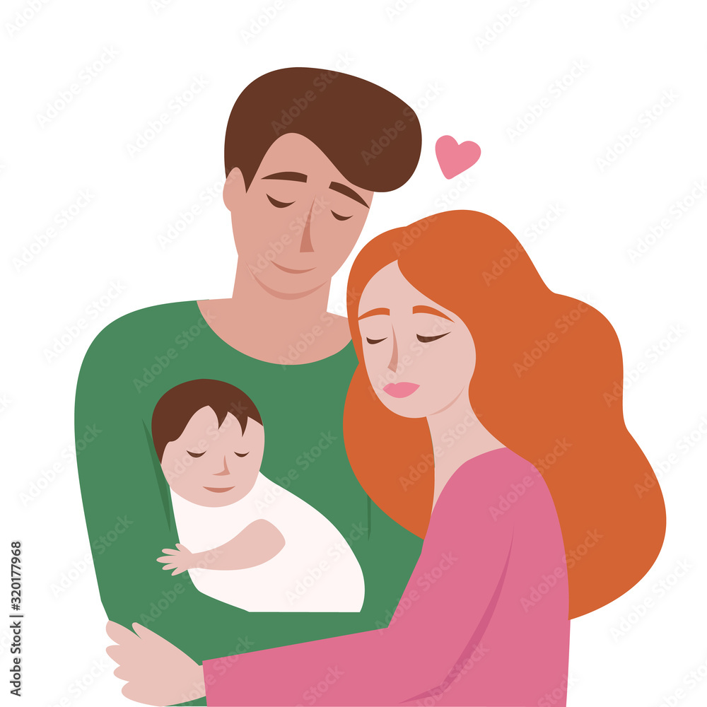 Young happy couple with newborn baby. Young parents holding baby. Vector illustration