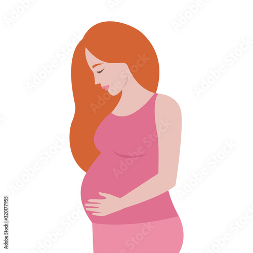 Simple cute colorful vector illustration of pregnant redhead women in pink dress.  