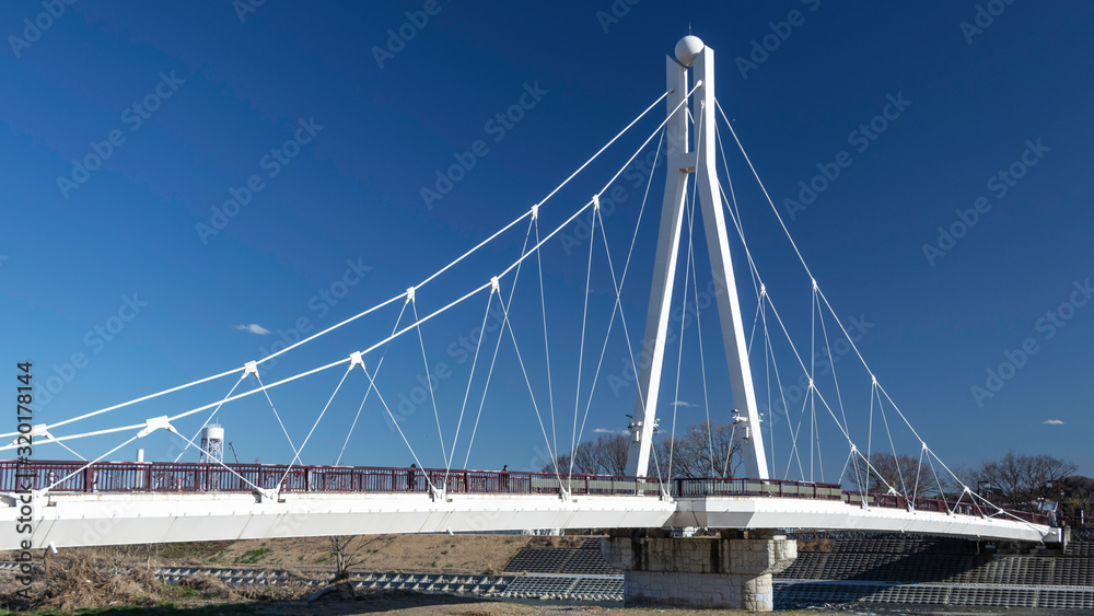 Fototapeta premium 青空を背景に浅川にかかる万願寺歩道橋