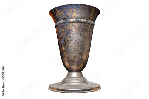 A large steel vase covered in rust and colored coating, isolated on a white background with a clipping path.