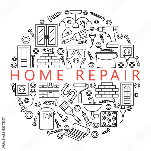 Home repair circle template with flat line icons. Concept for web banners and printed materials.