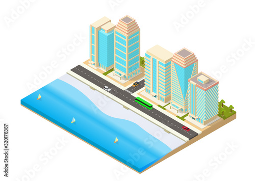 vector isometric illustration of a city beside the seaside