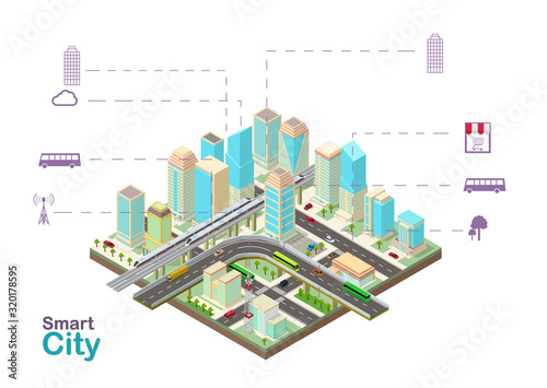 isometric Smart city with skyscrapers, highway and transport