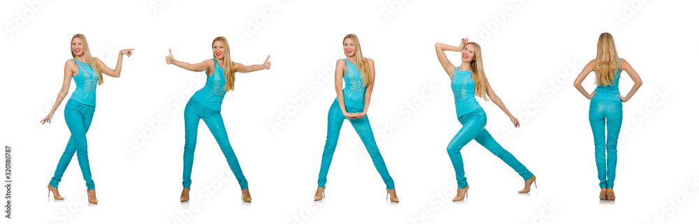 Pretty blond woman in blue pants and shirt isolated on white Pretty blond woman in blue pants and shirt isolated on white