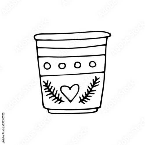 Cute coffee paper cup with a print in the form of a heart and twigs in vector is suitable for social network icons, logos, postcards, prints, design and any design