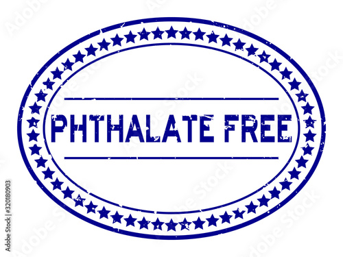 Grunge blue phthalate free word oval rubber seal stamp on white background