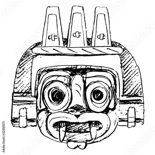 mask, aztec, tlaloc, god, mexico, mexican, tribal, head, face, fangs, human, skull, portrait, horror, spooky, vintage, heritage, ethnic, white, black, ancient, native, american, pre columbian, civiliz