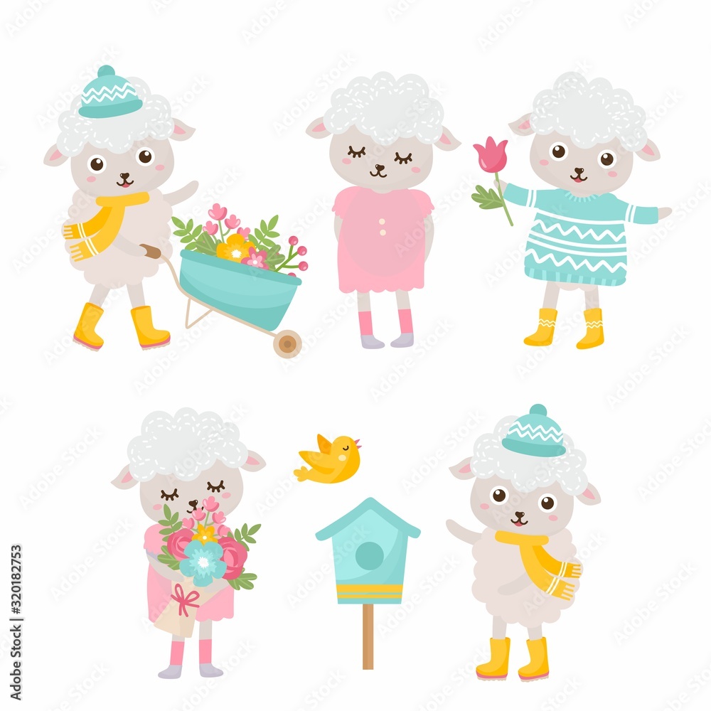 Cute animals collection. Sheep with a garden wheelbarrow, gives spring flowers bouquet, sheep with bird house, floral bouquet. Animals rejoices in spring. Cute animals collection. Sheep with a garden wheelbarrow, gives spring flowers bouquet, sheep with bird house, floral bouquet. Animals rejoices in spring.