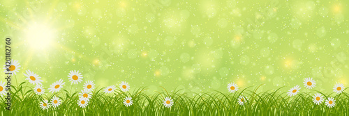 Spring banner vector design template. Green blurred background with flowers and bokeh effect