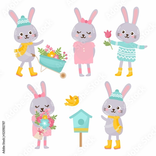 Cute animals collection. Rabbit with a garden wheelbarrow, gives spring flowers bouquet, rabbit with bird house, floral bouquet. Animals rejoices in spring.