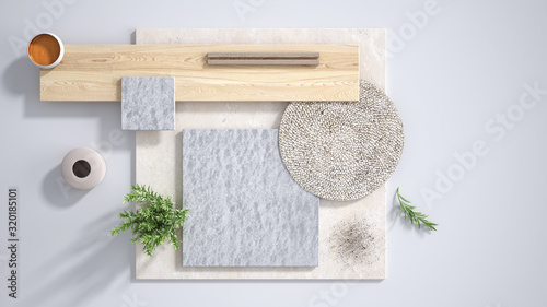 Canvas Print Minimal white background with copy space, marble limestone and granite slabs, wooden plank, cutting board, rosemary and pepper and decors