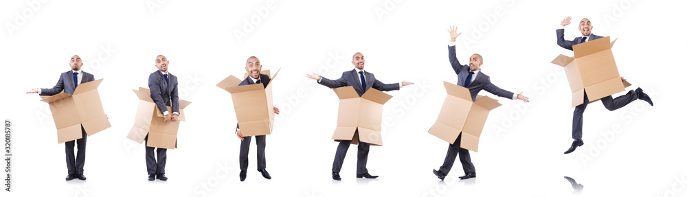 Businessman with box isolated on the white Businessman with box isolated on the white