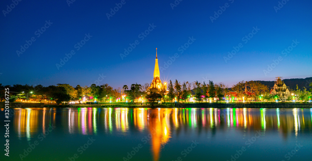 Wat Chalong temple in Phuket island Beautiful light and reflex in the water.