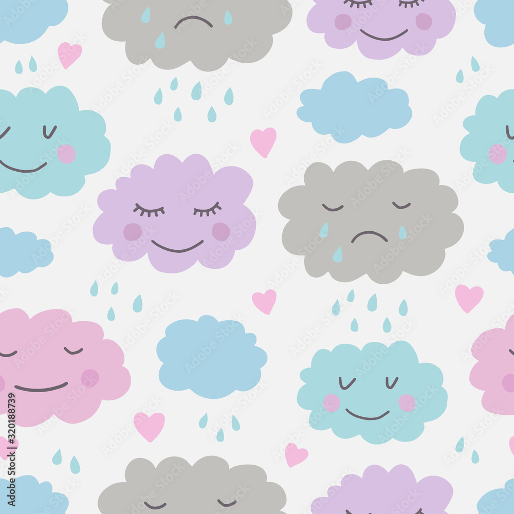 Cute hand drawn seamless pattern with clouds. Background for kids with smiling clouds. Vector illustration