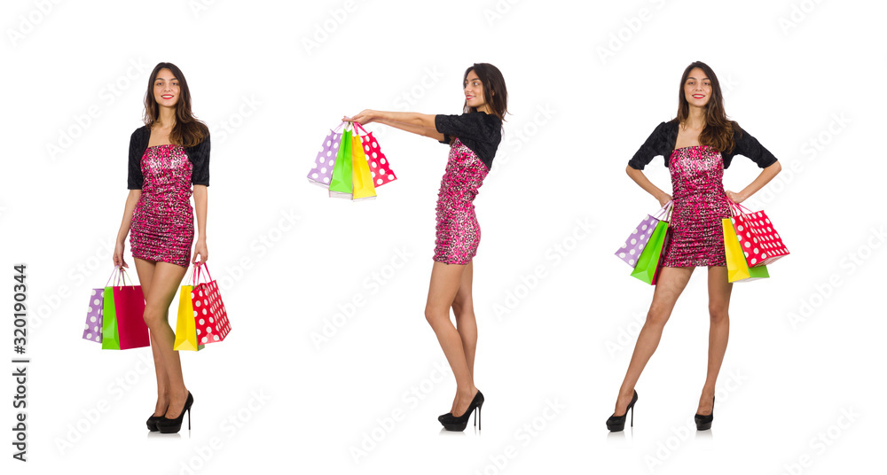 Woman with shopping bags isolated on white