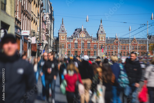 Photography View of Amsterdam street in the historical center, with canal houses in the capi