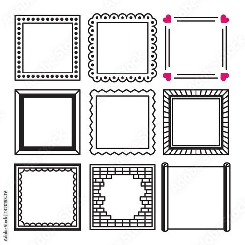 Set of simple black squares frame and border illustration in doodle sketch style. Frame drawing sketch isolated vector. Premium vector