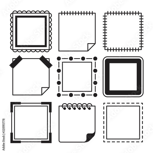 Collection of simple square frame and memo logo with different shapes. Designed in black over white background. Premium vector