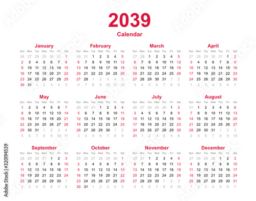 Calendar 2039 - 12 months yearly vector calendar - calendar planner template 
