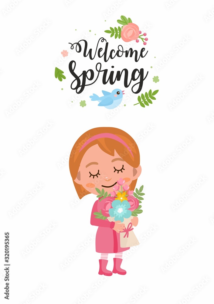 Welcome Spring greeting card. Kid with spring flowers bouquet. Little girl rejoices in spring. Cute childish illustration. Welcome Spring greeting card. Kid with spring flowers bouquet. Little girl rejoices in spring. Cute childish illustration.